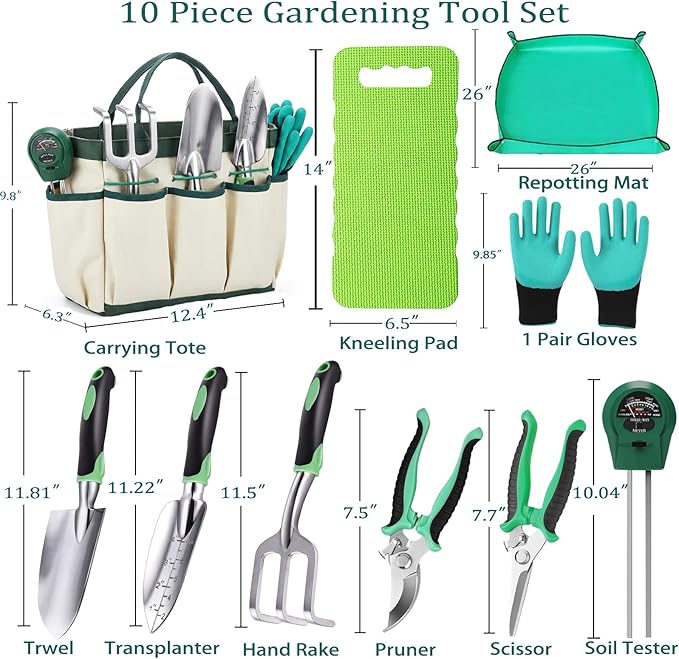 10 Piece Heavy-Duty Gardening Tools Set with Soil Moisture Meter - Rust-Proof Aluminum Gardening Hand Tools with Ergonomic Non-Slip Rubber Grips - Gardening Supplies Ideal Gift for Men &amp Women