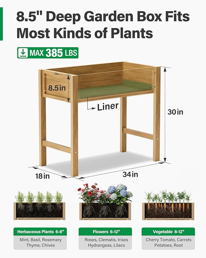 YEFU Raised Garden Bed for Outdoor: 34x30x18in Teak Raised Garden Bed with Legs to Plant Herbs Vegetables Flowers - Easy to Assembly Elevated Planter Box for Organic Home Gardening in Patio/Backyard