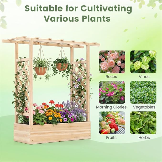 Fir Wood Raised Garden Bed with Side Trellis 109.22×35.56×114.30 cm Planter Box with Drainage Holes-Natural