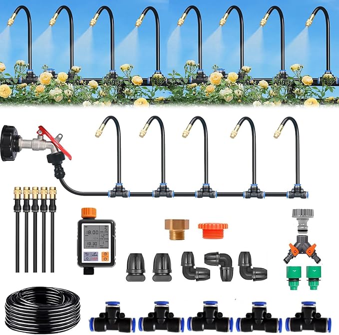 360° Curved Garden Automatic Irrigation System Automatic Drip Irrigation Kits Universal Spray Kit for Garden Plant Watering System 50m/164ft+Timer