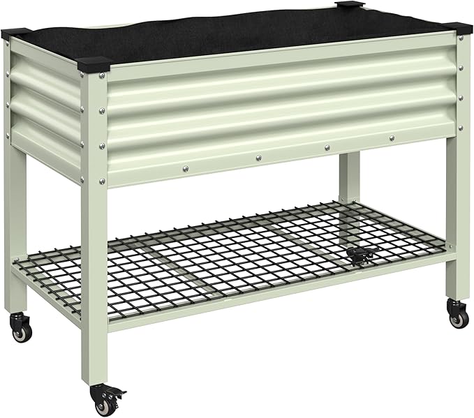 VEIKOU 48x24x34in Galvanized Steel Raised Garden Bed for Outdoor with Shelf and Casters Drainage Holes Detachable Liner Steel Planter Box for Gardening 507 lbs Capacity Cream White