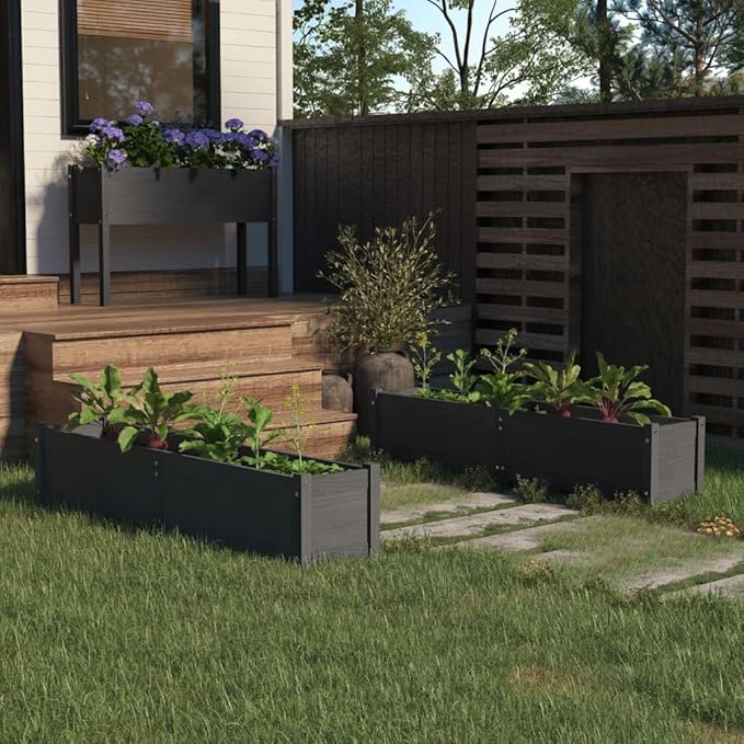 Raised Garden Bed Set of 2 Gray Solid Pinewood Large Rectangular Planters for Outdoor Plants 59.1 Inch Wide Durable Design for Gardening