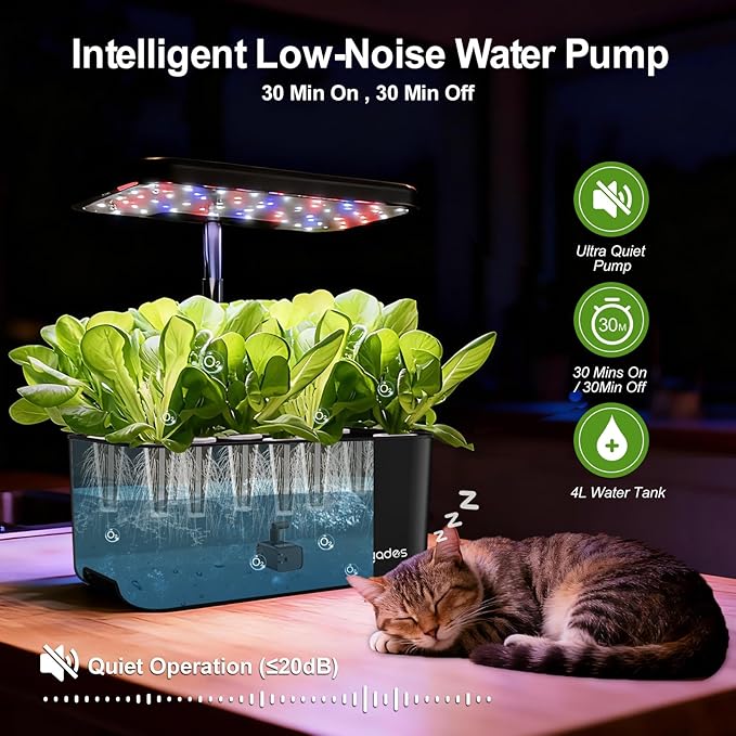 Hydroponics Growing System Indoor Herb Garden 10-Pod Indoor Gardening System with 24W Full-Spectrum LED Grow Lights Quiet Smart Water Pump Plant Germination Kit for Herbs Vegetables