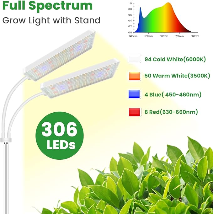 Wiaxulay Grow Lights for Indoor Plants 306 LED Full Spectrum Plant Light with Stand Height Adjustable 24-68 in for Growing Large Tall Plants 4/8/12/16H Timer3 Lighting Modes5 Brightness (2 Heads)
