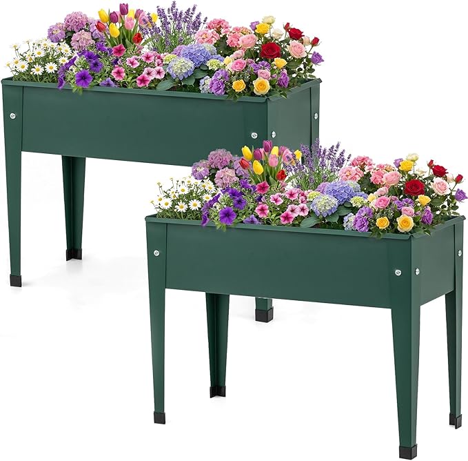 2 Pcs Raised Garden Bed with Legs 24 x 11 x 18 Inch Metal Elevated Planter Box w/Drainage Hole for Flowers Herbs Standing Raised Planter Bed for Indoor Outdoor Balcony Patio Backyard Green