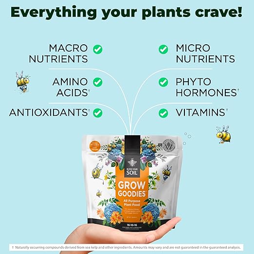 All Purpose Plant Food - Grow Goodies High-Performance Fertilizer Triple 16 NPK + Organic Superfoods and Micronutrients (Roses Vegetables Orchids Tomatoes Gardens 1LB)