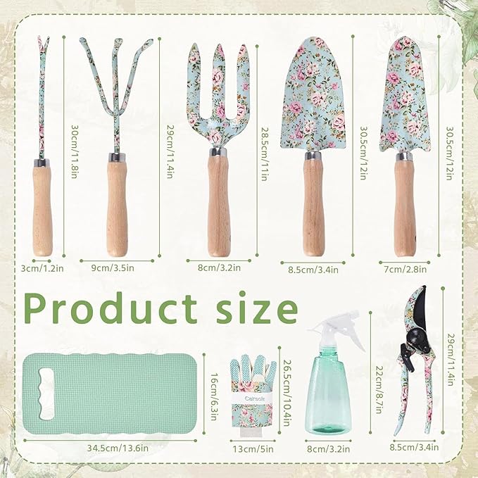 Women's Garden Tools Floral Pattern Hand Tools Rake Trowel Gloves Set Sturdy Small Gardening Kit for Flower Beds Planting Digging Outdoor Yard Home Trimming Ergonomic Comfortable Design