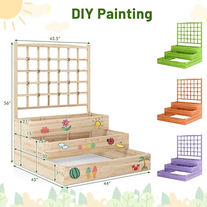 Giantex 3-Tier Raised Garden Bed with Trellis and 3 Planter Boxes Outdoor Open-Ended Wood Raised Bed for Planting and Vines Flowers Vegetables Growing 44x45x56