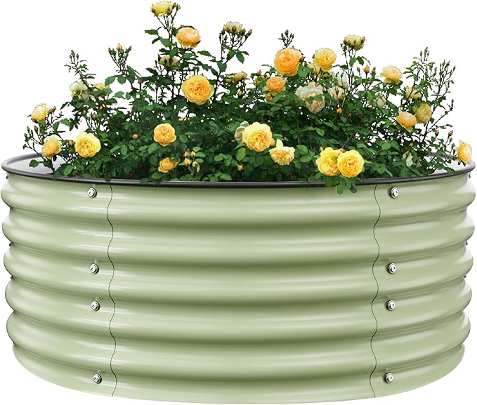 Round Raised Garden Bed Kit 3.5x3.5x1.4Ft Outdoor Zinc-Aluminum-Magnesium Metal Flower Beds Stainless Steel Patio Ground Planter for Planting Vegetables (Light Green)