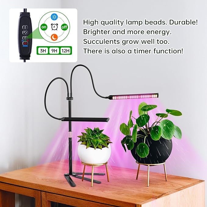 Super-Energy Tabletop LED Grow Lights 9.8-32Height Adjustable for Indoor Small/Medium Plants 6000K Full Spectrum with 3 Dimmable Model Auto On Off Timing 3 9 12Hrs5 Brightness(Strip Black)