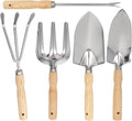 5pcs Wooden Handle Garden Planting Tool Set with Stainless Steel Spade Rake Fork for Soil Loosening and Hand Weeding Portable Handheld Outdoor Gardening Kit for Balcony and Home
