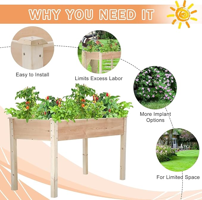 Fir Wooden Raised Garden Bed with Legs Elevated Planter Box Outdoor Growing Bed with Liner &amp Drain Holes for Vegetable Flower Herb 49Lx24Wx30H