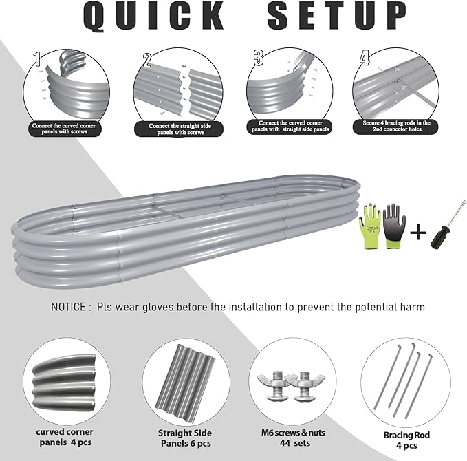 6 Pack 12x2x1FT Galvanized Raised Garden Bed Kit Oval Metal Ground Planter Box Outdoor Bottomless Planter Raised Beds for Vegetables Flowers Herbs Fruits Gray