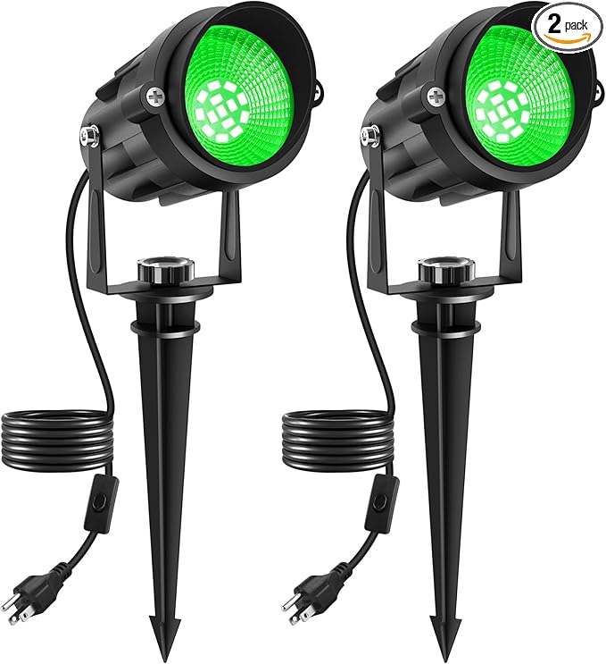 Green LED Spot Lights Outdoor 14 LED Landscape Lighting with US Plug IP65 Waterproof Spotlights for Tree Yard Garden Pathway Flag St. Patrick's Day Halloween Christmas Decor 2 Pack