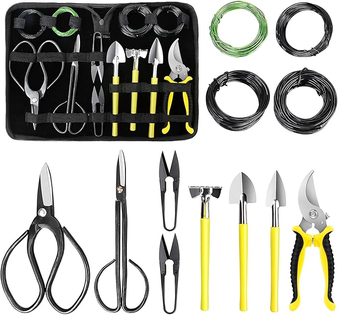 MOSFiATA Bonsai Tools Set 13 Pcs High Carbon Steel Succulent Gardening Trimming Tools Set Include Pruning Shears Scissors Mini Rake Round and Pointed Shovel &ampTraining Wire in PU Leather Bag
