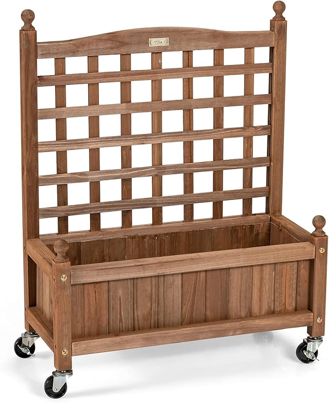 Giantex Mobile Plant Raised Bed Wood Planter with Lattice Trellis and Wheels Flower Box for Plant Climbing Vertical Garden for Balcony Patio Yard (1 25x 11x 32.5)