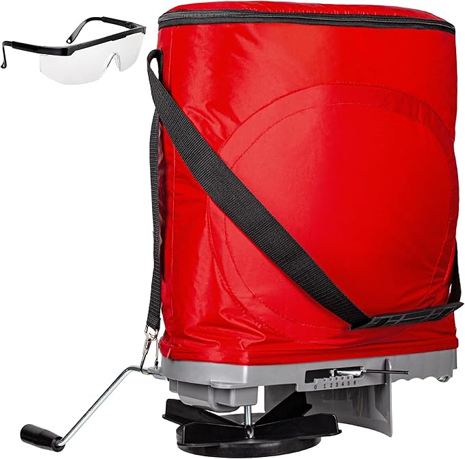 Walensee Handheld Seed Spreader with 25lb Bag Frame Support Flow Control Enclosed Gears Rear Baffle Adjustable Strap &amp Goggles – Bag Seeder for Lawn and Garden Red