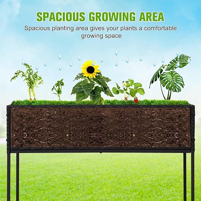 Kinsuite Rattan Raised Bed Planter - Elevated Wicker Planter Box with Tool Storage Shelf Garden Bed for Herbs Vegetables Flowers for Outdoor Indoor Black