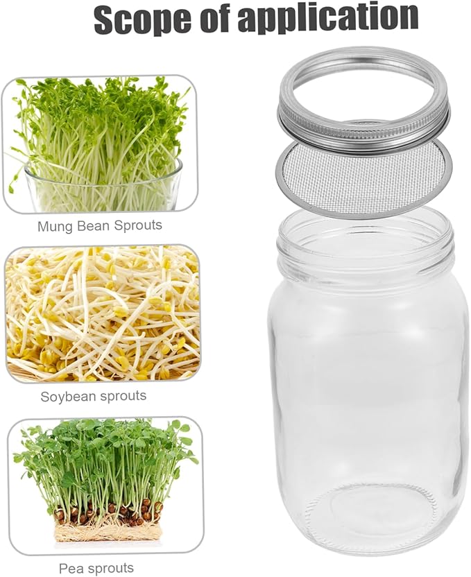 1000ml Mason Glass Sprouting Jar Set with Stainless Steel Filter Lid Portable Wide Mouth Sprout Maker for Home Use Includes Protective Sleeve and Mesh Strainer