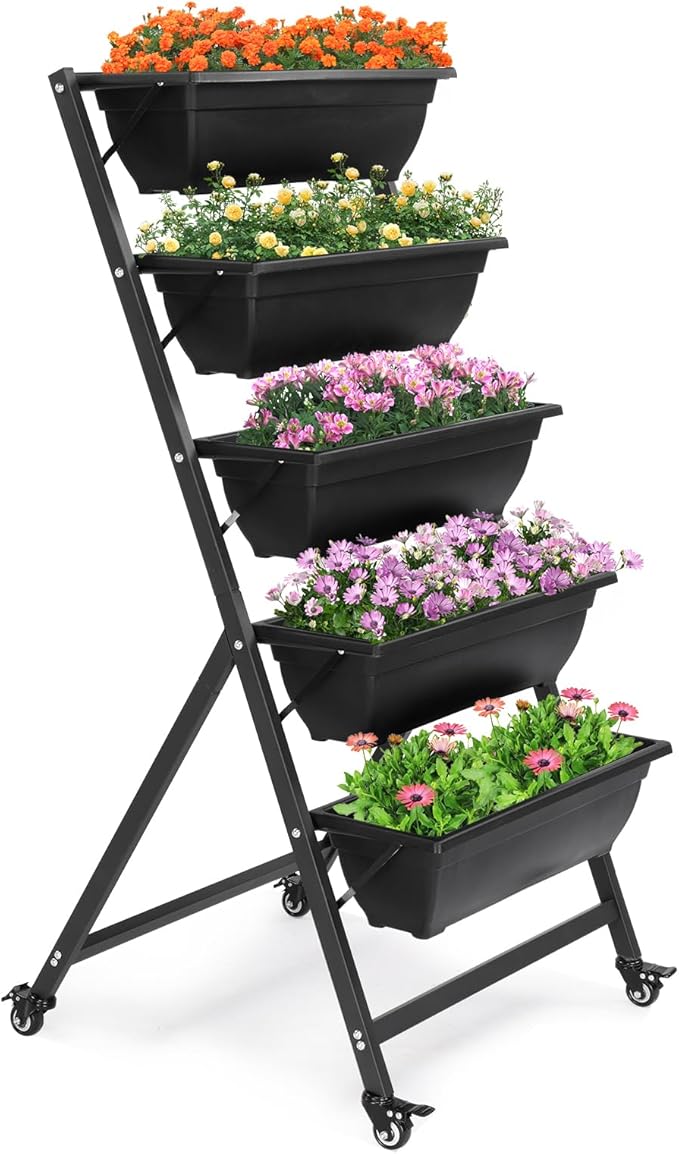 Raised Garden Bed 5 Tier Vertical Garden Planters Indoor Outdoor Raised Planter Box with Wheels Elevated Herb Garden Planter for Flowers Vegetables Plants Black