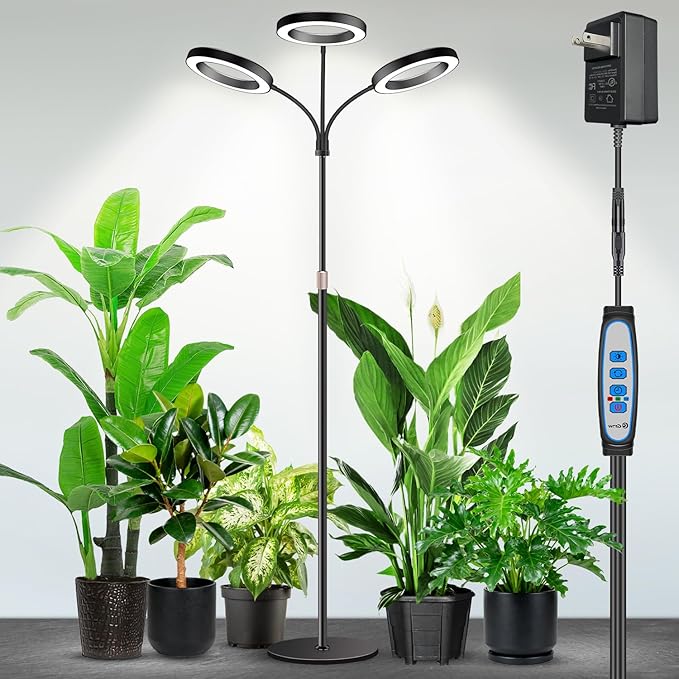 Garpsen Halo Floor Grow Light Three-Head Full Spectrum LED Plant Light with Base 5 Dimmable Levels &amp Timer 6/12/16H 3 Color Modes Grow Lamp with 252 LEDs 67''Height Adjustable for Large Plants