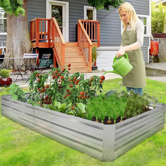 HKLGorg Galvanized Raised Garden Bed 8 x 4 x 1ft Galvanized Planter Large Metal Planter Box Raised Garden Bed for Flowers Vegetables and Fruits Rustproof Planter Box with No Bottom Silver