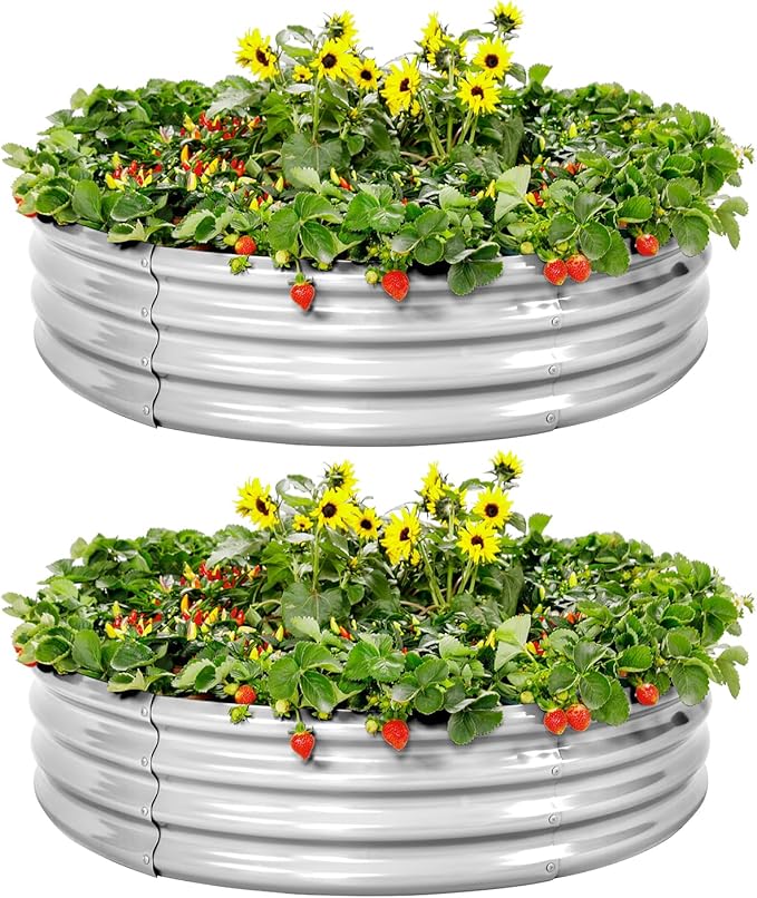Land Guard Galvanized Raised Garden Bed 2Pcs Planter Raised Garden Beds Outdoor Round Clearance Raised Garden Beds for Gardening Vegetables 4x4x1ft……