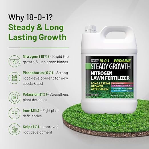 Covington ProLine 18-0-1 NPK Liquid Slow Release Lawn Fertilizer (1 Gal) – High Nitrogen Lawn Food for All Grass Types – Supports Steady Growth &amp Maintenance – Deep Green Turf Builder Concentrate