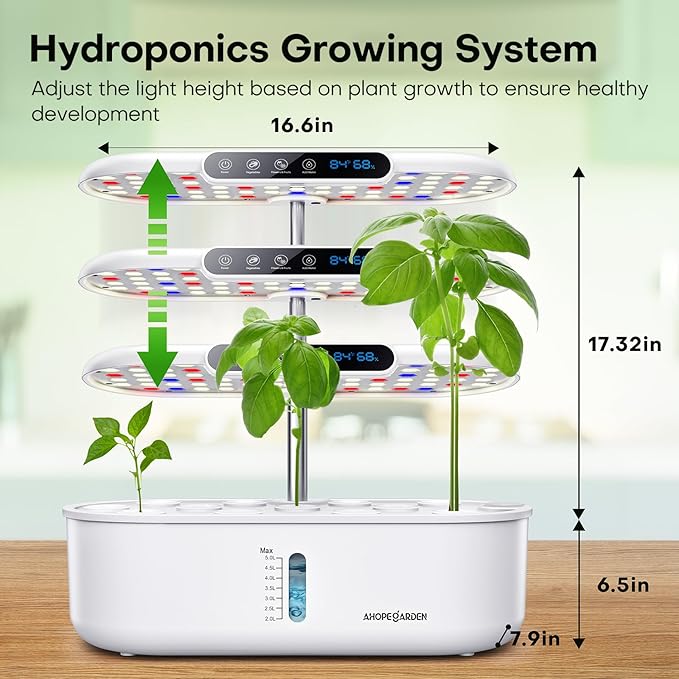 Ahopegarden Hydroponics Growing System with 12 Pods Indoor Garden Kit with LED Grow Light &amp LCD Temp Humidity Display Smart Quiet Pump Planter for Herbs Lettuce Vegetables Kitchen Garden Use
