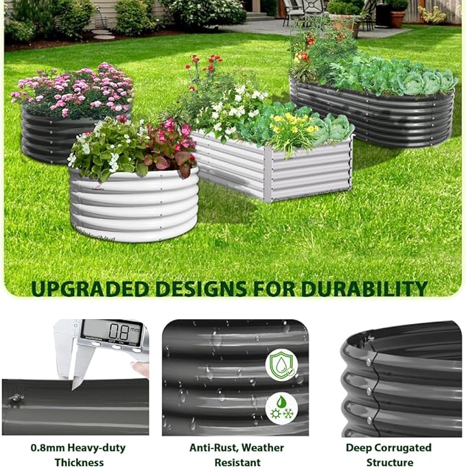 A ANLEOLIFE 6 Pcs 8X4X1.5 ft Oval Large Galvanized Raised Garden Beds Outdoor for Planting Vegetables Flowers Herb Quartz Grey