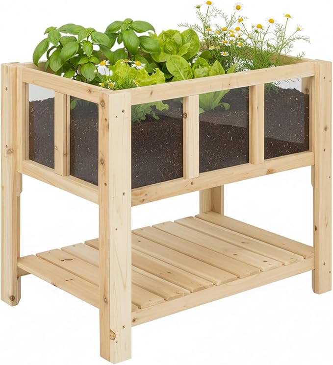 Raised Garden Bed with Transparent Acrylic Side Panels Elevated Wooden Planter Box with Shelf for Vegetables Herbs &amp FlowersOutdoor Raised Garden Planter for Patio Balcony &amp Backyard