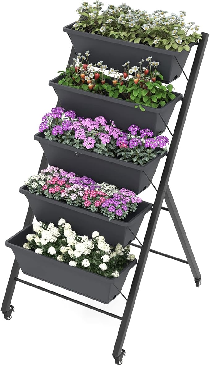 S AFSTAR 5-Tier Vertical Garden Planter Raised Garden Bed with 2 Lockable Wheels 7 Removable Planter Boxes Metal Frame Indoor Outdoor Elevated Planting Box for Flower Vegetables Fruit Herbs