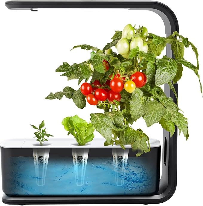 Hydroponics Growing System with LED Grow Light Adjustable Indoor Garden Kit for Herbs/Vegetables Soil-Free Smart Water Alert 3 Plant Capacity Plants Germination Kit for Home Kitchen Office (Black)