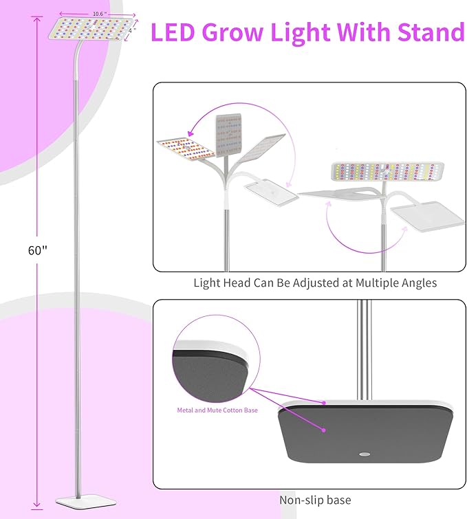 KINGPLUS Grow Lights with Stand Full Spectrum Growing Light for Indoor Plants 120 LEDs 4 Dimmable Levels Timer 4/8/12h 12-60inches Height Adjustable18w Ideal for Desk Small Plants