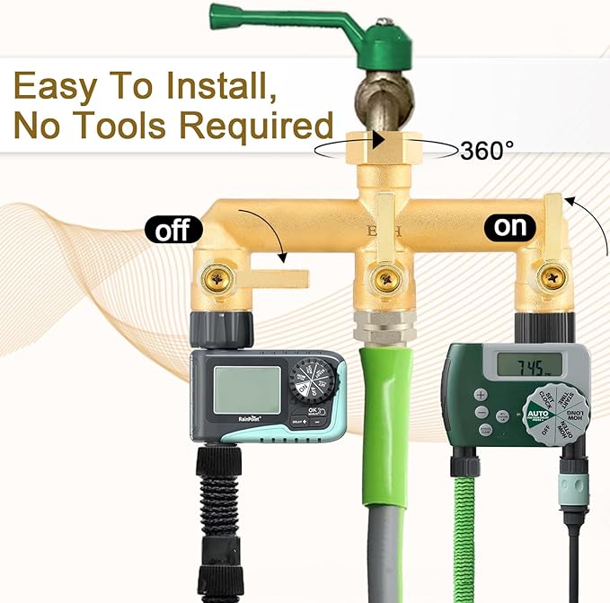 EBH Brass Garden Hose Splitter 3 Way High Flow Outdoor Faucet SplitterFull Flow 3-Way Brass Heavy Duty Hose Splitter With 3 Long Metal Handle and Individual On/Off Valve。
