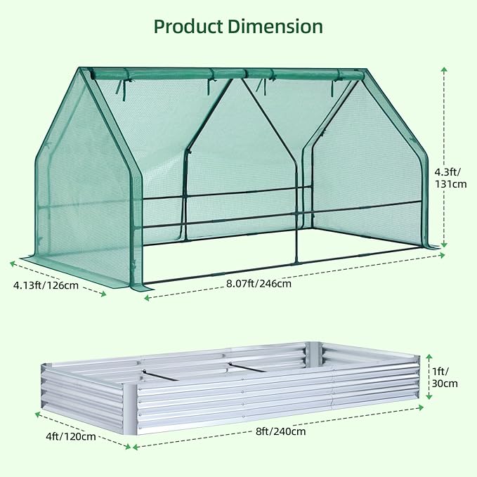 Ohuhu Raised Garden Bed with Greenhouse Cover 8x4x1 FT Galvanized Metal Planter Box Outdoor with PE Cover 4 Doors for Ventilation 3-in-1 Gardening Set for Vegetable Flower Herb Succulent