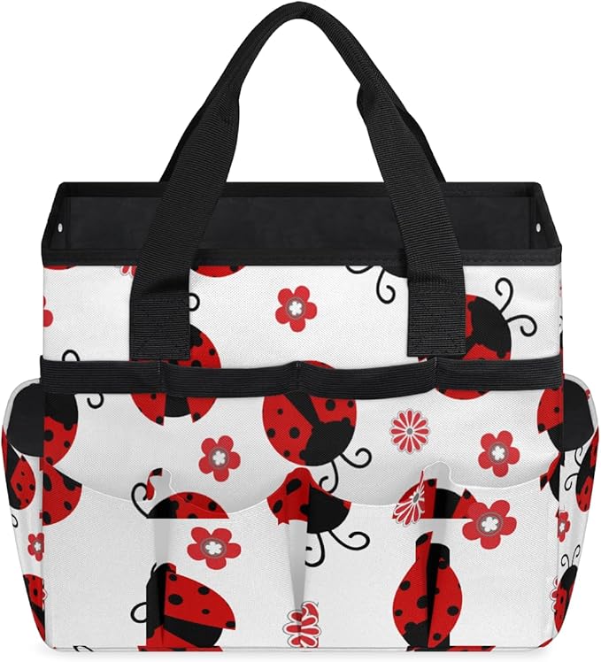 Ladybug Gardening Tool BagHeavy Duty Garden Tote BagPortable Oxford Flower Gardening Storage Basket Organizer Handbag with Pockets HandleHand Tools Gifts for Outdoor Garden Lawn Yard