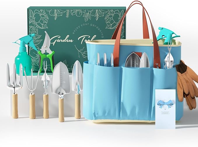 VerdantVibes 9-Piece Garden Tool Set - Heavy Duty Gardening Hand Tools with Ergonomic Non-Slip Grips Rust-Resistant Shovel Trowel Rake Pruner &amp Storage Bag - Ideal Gardening Gifts for Women