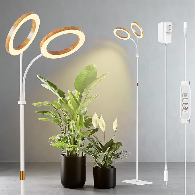 Dual Head Grow Light for Indoor Plants Full Spectrum-Floor Standing Plant Lamp with Auto Timer 6/12/18H 5-Level Dimmable &amp Adjustable Height 16.5-68in for Large Tall Plants | Faux Wood Design