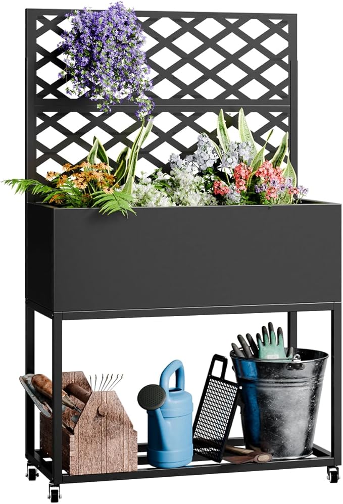 Metal Planter Box Multi-Functional &amp Easy to Assemble 55 H x 35 W Raised Garden Bed for Climbing Plants Elevated Standing Garden Planter with Drainage Holes for Outdoor Patio