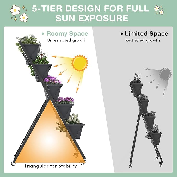 S AFSTAR 5-Tier Vertical Garden Planter Raised Garden Bed with 2 Lockable Wheels 7 Removable Planter Boxes Metal Frame Indoor Outdoor Elevated Planting Box for Flower Vegetables Fruit Herbs