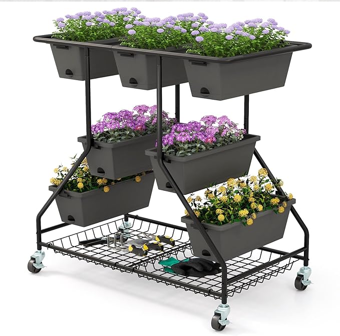 Happygrill 3-Tier Vertical Raised Garden Bed Outdoor Garden Planter w/7 Planter Boxes Drainage Holes 4 Universal Casters Movable Elevated Planter Box w/Storage Shelf Perfect for Flowers Herbs