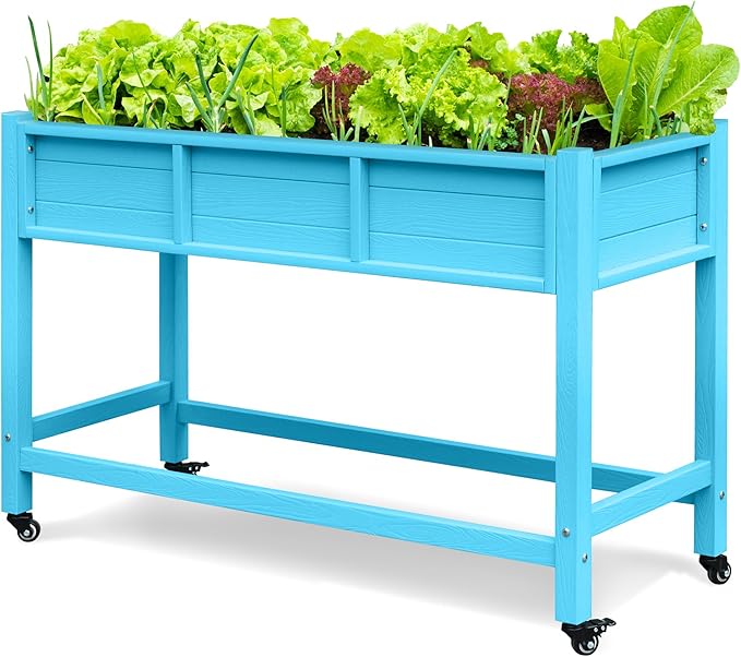 DWVO 47x18x31in Raised Garden Bed HDPE Weather-Resistant Poly Wood Planter Box Stand Planter Box with Legs &amp Lockable Wheels Elevated Garden Bed for Backyard Patio Balcony - Aruba Blue