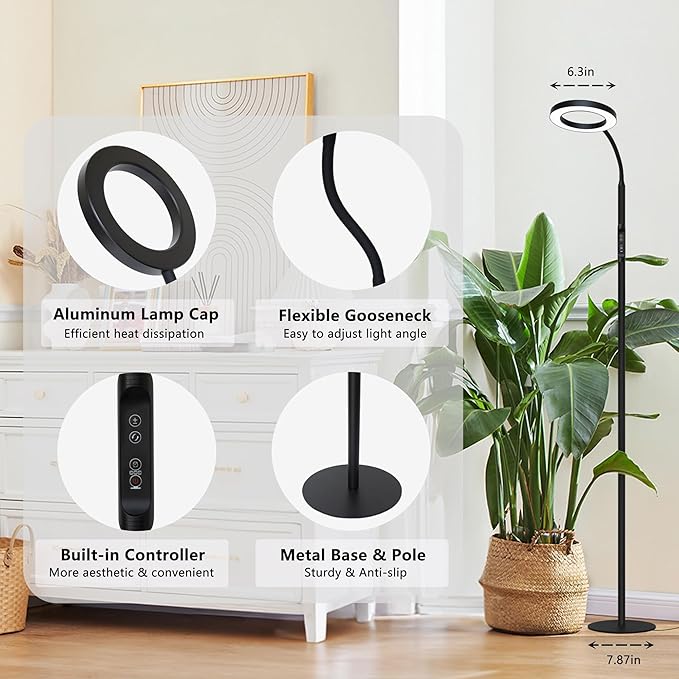 Grow Light for Indoor Plants Full Spectrum Led Plant Growing Lights with Stand Tall Halo Floor Growth Lamp with Timer Height Adjustable Dimmable Brightness for Large Plants