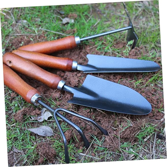 COHEALI 4pcs Mini Garden Tool Set with Small Metal Trowel Narrow Shovel Three-Prong Rake and Dual-use Hoe for Planting and Digging in Pots and Gardens
