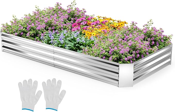 HAPPYGRILL 8x4x1FT Galvanized Raised Garden Bed Outdoor Metal Planter Box for Vegetable Flower Fruit Herb Galvanized Metal Garden Box with Open-Ended Base