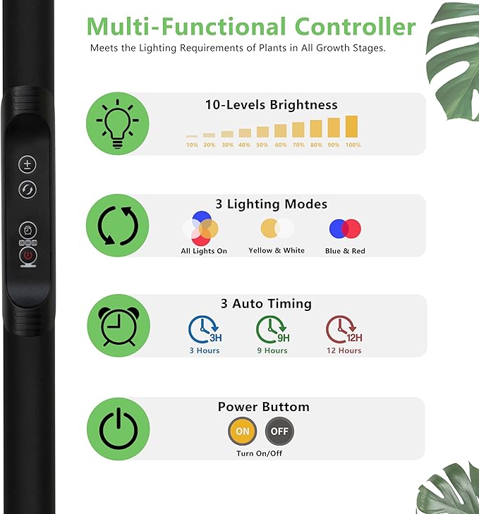 Grow Light for Indoor Plants Full Spectrum Led Plant Growing Lights with Stand Tall Halo Floor Growth Lamp with Timer Height Adjustable Dimmable Brightness for Large Plants