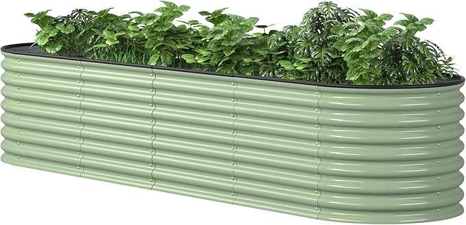 8ftx2ftx2ft Outdoor Raised Garden Bed 9-in-1 Galvanized Metal Planter Box with 4 Aluminum Support Rods 23.1''H Modular Garden Bed Kit Oval for Herbs and Flowers Olive Green