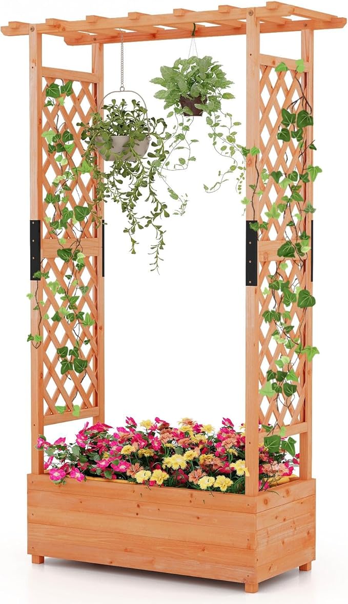 LDAILY Moccha Raised Garden Bed with Trellis Wood Garden Planter with Hanging Roof Drainage Holes Freestanding Elevated Planter Box for Climbing Plants Vines Flowers 43.5 x 17.5 x 72
