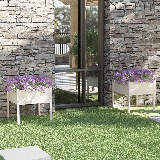 White Solid Pinewood Garden Planter Set 27.6x27.6x27.6 Inch Square Raised Garden Bed for Outdoor Plants Decorative Patio &amp Terrace